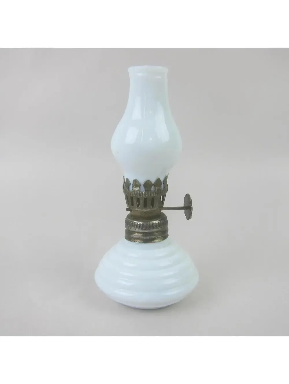 Antique Miniature Oil Lamp White Milk Glass Chimney & Beehive Base 4.5